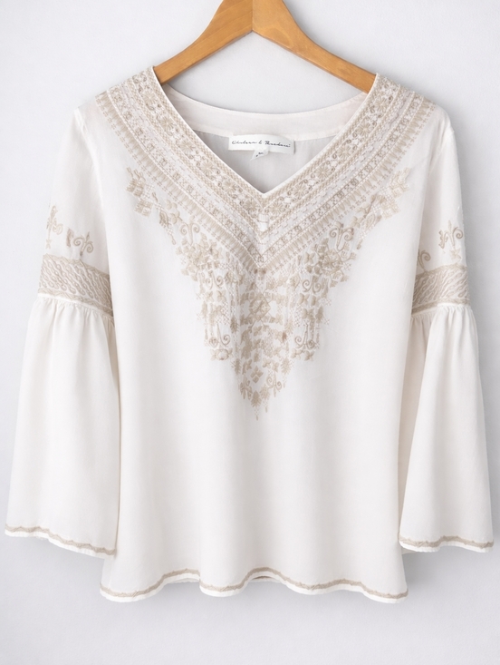 Chelsea & Theodore Tops - Chelsea & Theodore Embroidered Boho Blouse Women’s Size L White Bell Sleeve